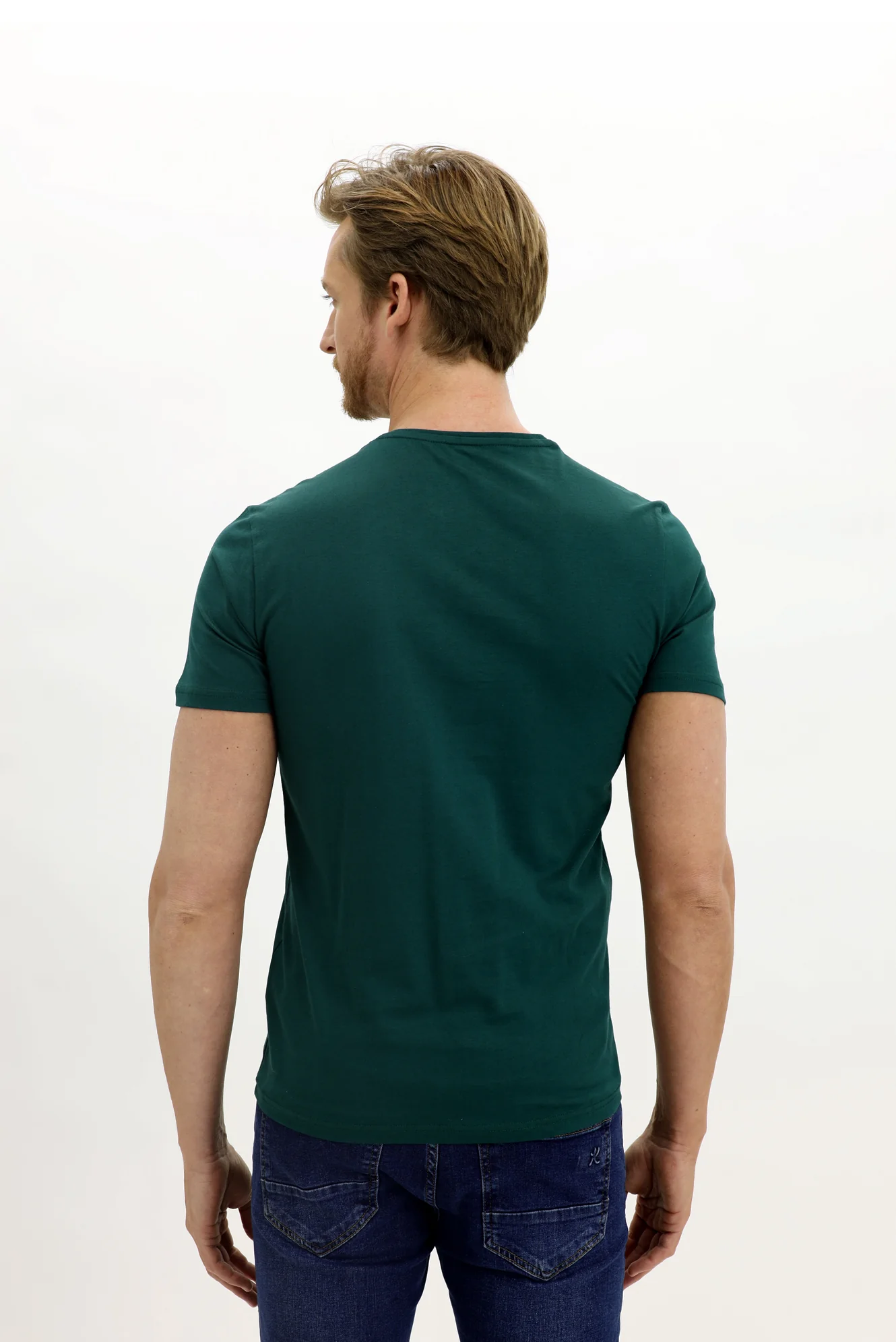 Zümrüt Yeşili Bisiklet Yaka Slim Fit Dar Kesim Pamuk Tişört - Image 5