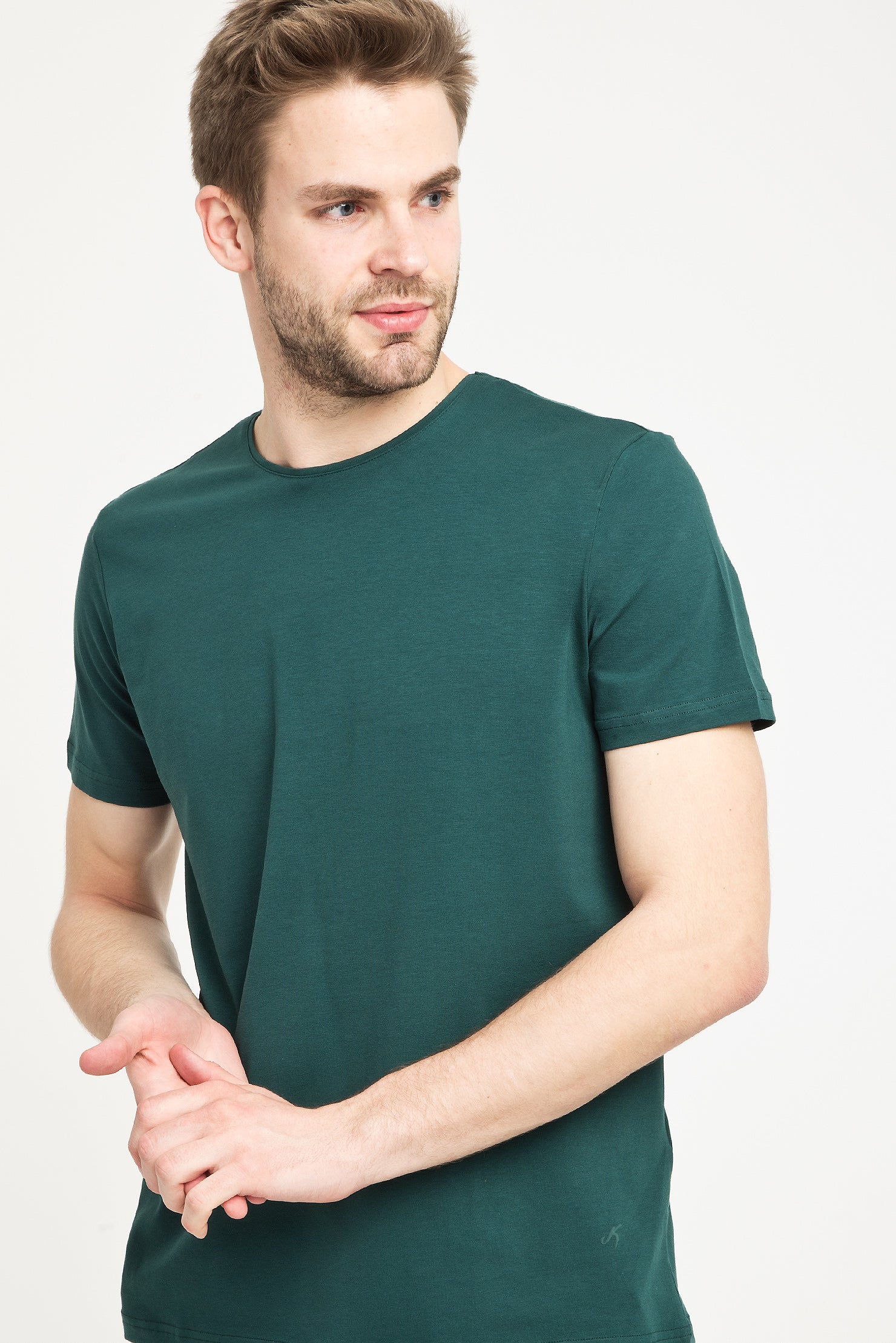 Zümrüt Yeşili Bisiklet Yaka Düz Slim Fit Dar Kesim Tişört - Image 2