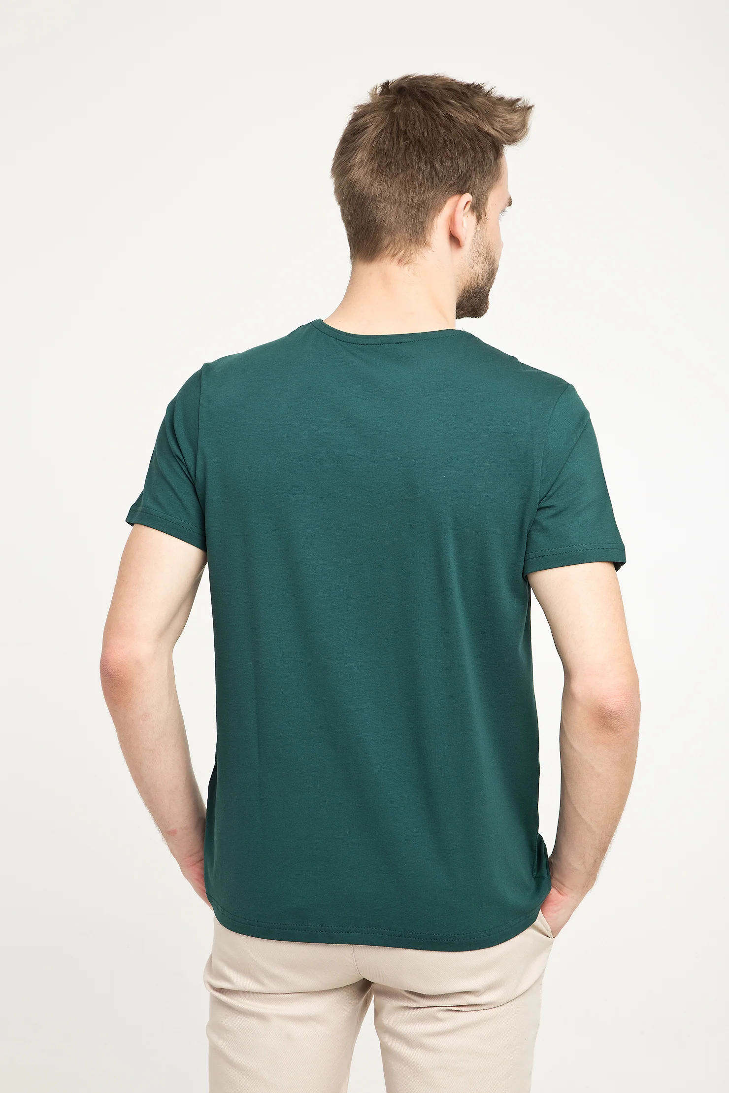 Zümrüt Yeşili Bisiklet Yaka Düz Slim Fit Dar Kesim Tişört - Image 3