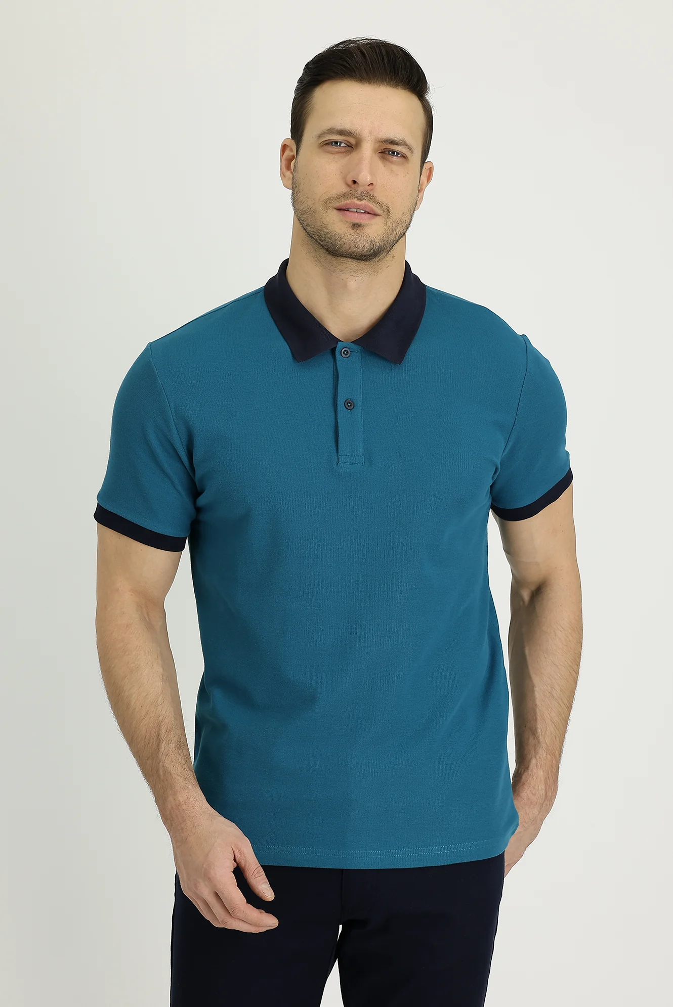 Zümrüt Yeşili Melanj Polo Yaka Slim Fit Dar Kesim Desenli Pamuk Tişört - Image 2