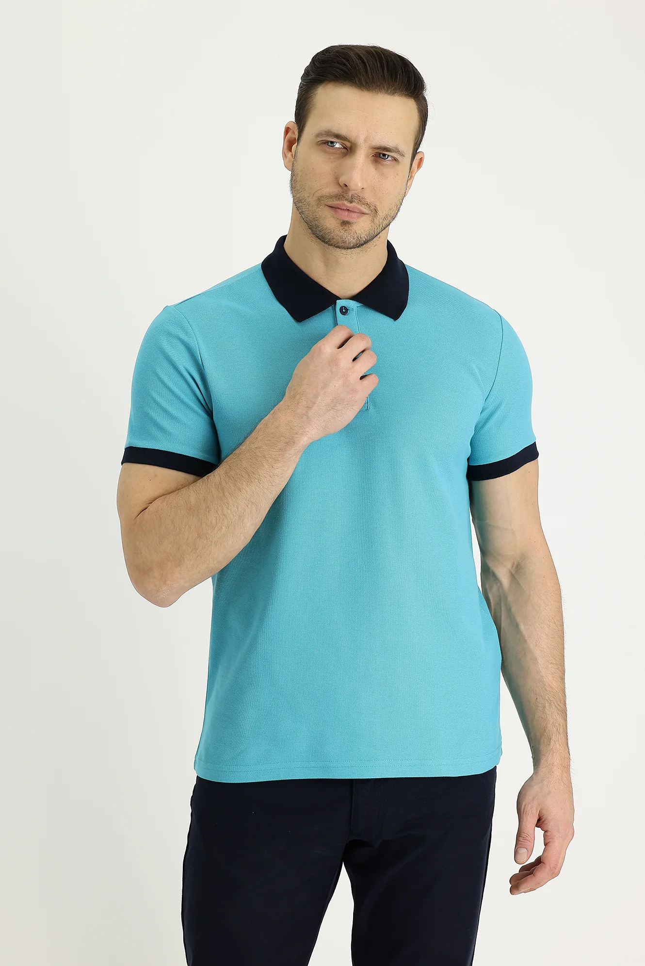 Zümrüt Yeşili Polo Yaka Slim Fit Dar Kesim Desenli Pamuk Tişört - Image 2